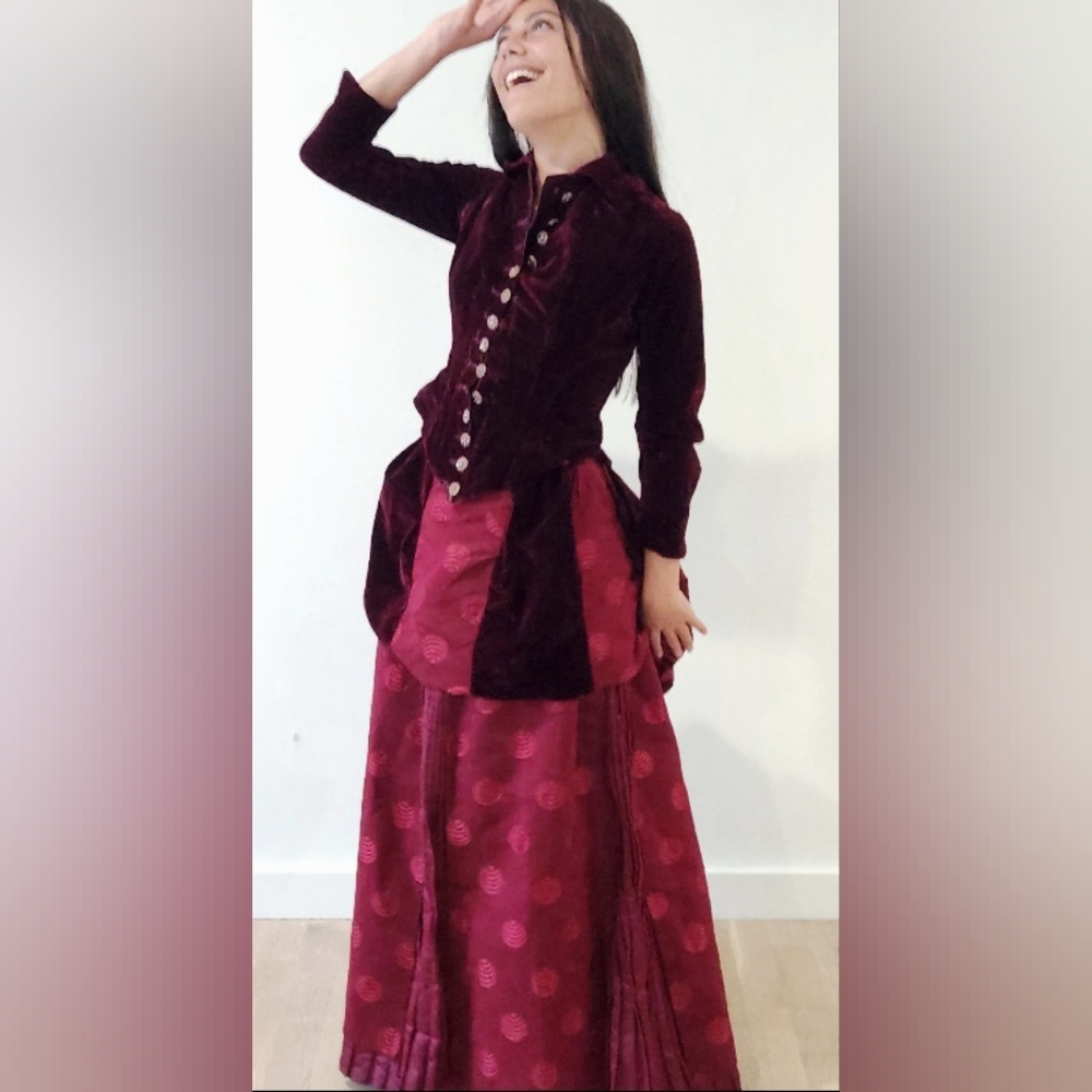Antique (ca. 1880s) Burgundy Silk Velvet & Damask Bustle Gown- Museum Quality